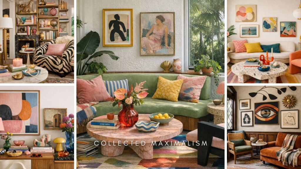 Collected maximalism living room with layered decor, colorful art, vintage textures, books, and curated styling in a warm, artistic interior space